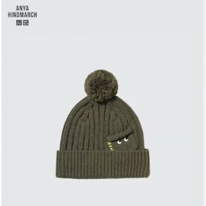 Anya Hindmarch Uniqlo olive touch of wool heattech pompom beanie hat NWT